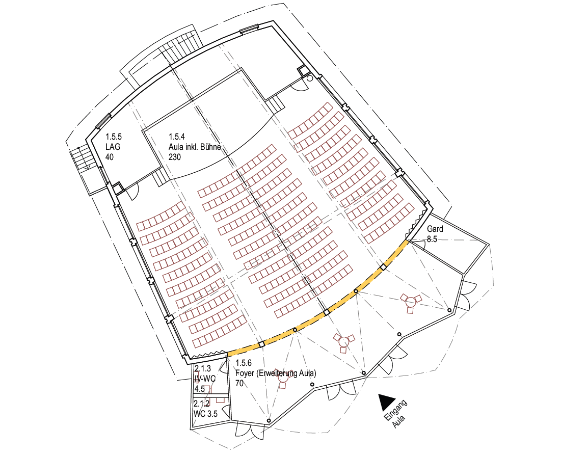 Aula mit Erweiterungsmöglichkeit für Grossanlässe.