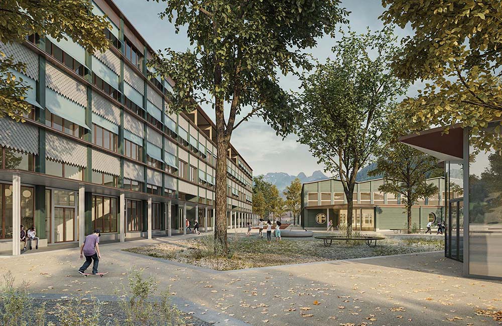 Im Vorschlag von Neon Deiss wird der Schulhausplatz mit Aula, Bibliothek und Foyer zum Treffpunkt für Schule und Quartier. (Visualisierung: maaars)