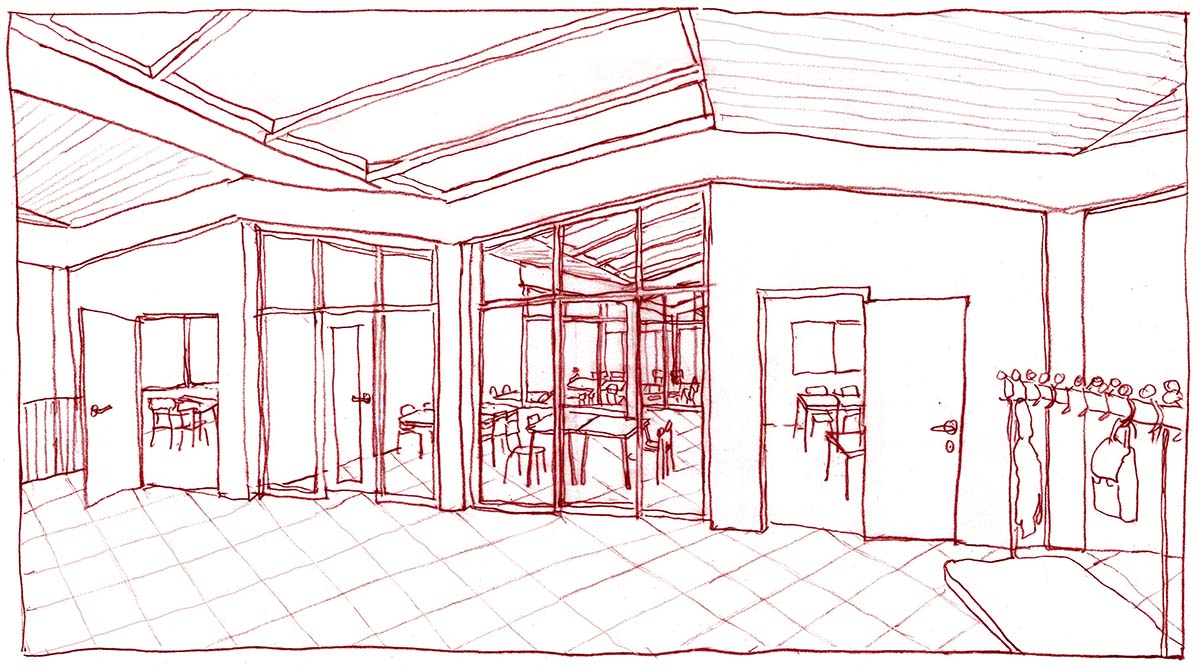 Garderobenbereich der Primarschule mit Blick in Klassenzimmer und Gruppenbereich eines Clusters